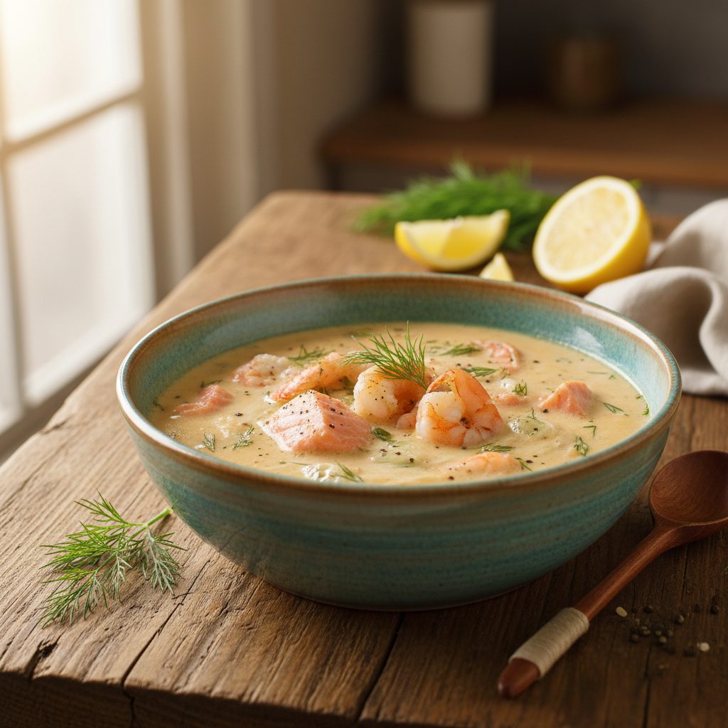 Сливочная кето-уха с лососем и креветками