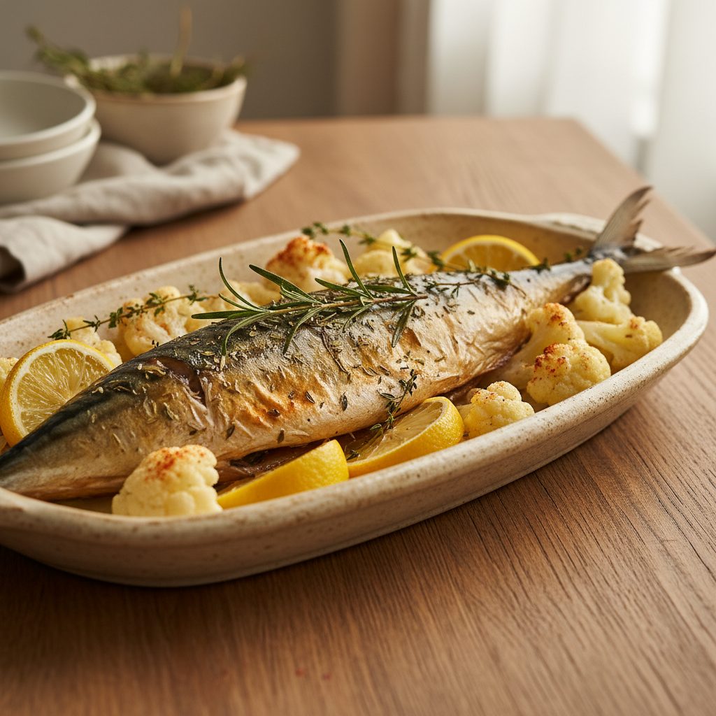 Запечённая скумбрия с цветной капустой и лимоном — готовое блюдо