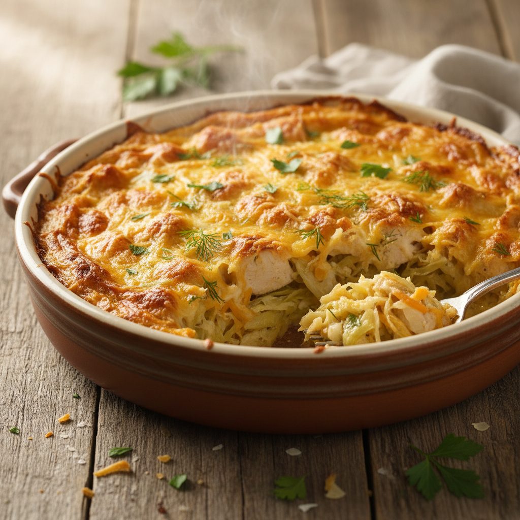 Запеканка из цыпленка с капустой и сыром — готовое блюдо